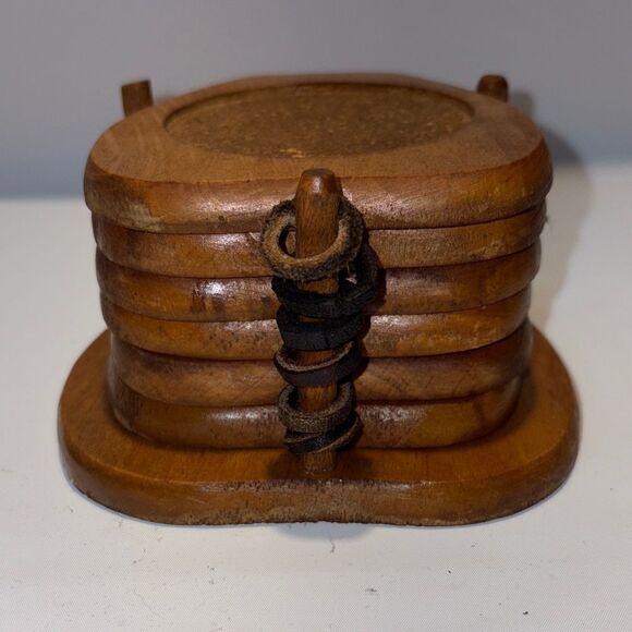 Vintage Wooden Coaster Set with Holder - Picture 4 of 9